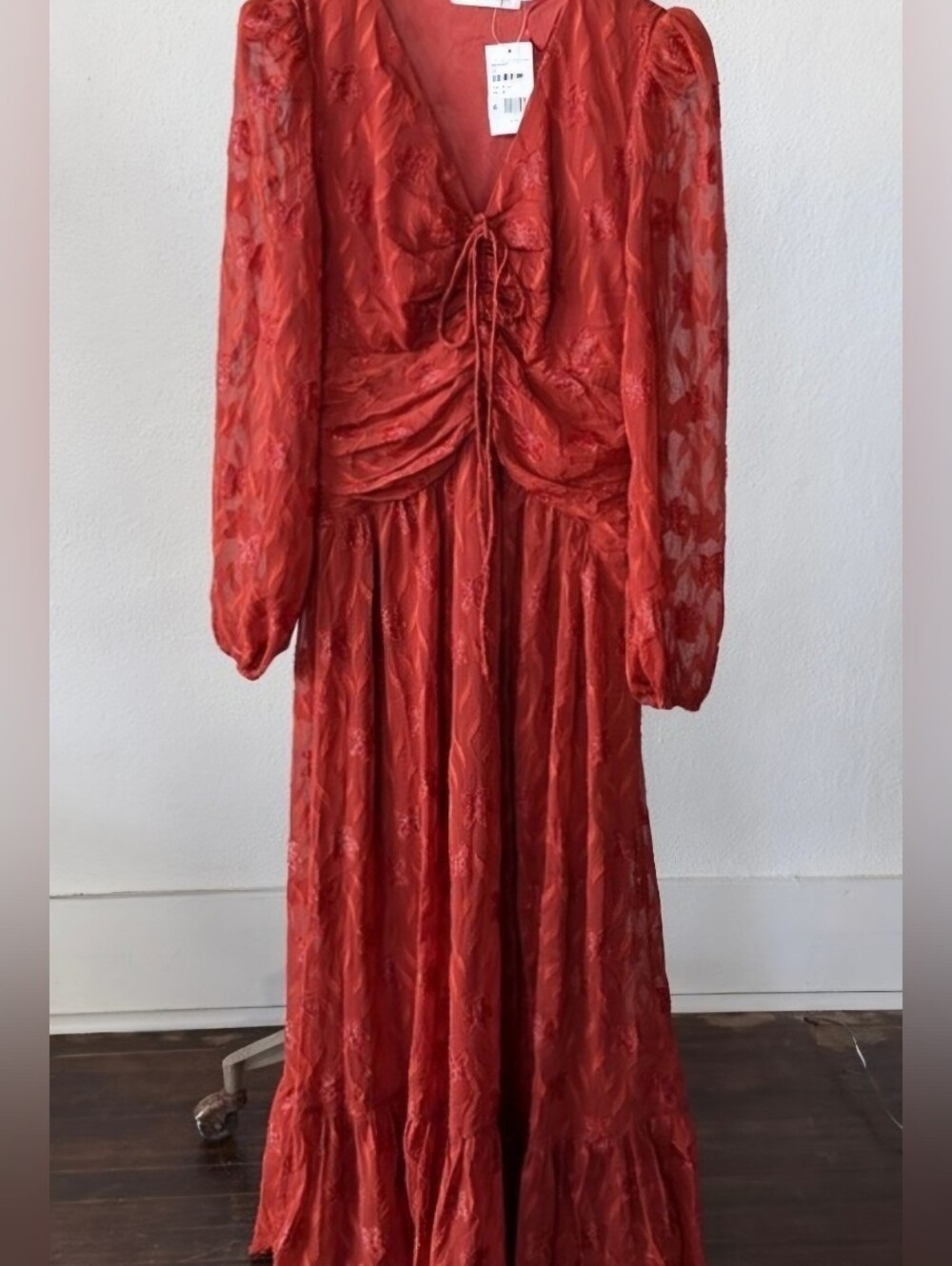 Floret Studios Ruched V-Neck Maxi Dress in Burnt Red XS NWT